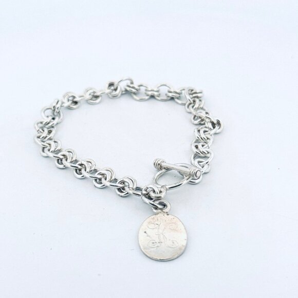 Sterling Silver 925 Double Round Link Charm Bracelet with Engraved K Oval Charm - Picture 2 of 13
